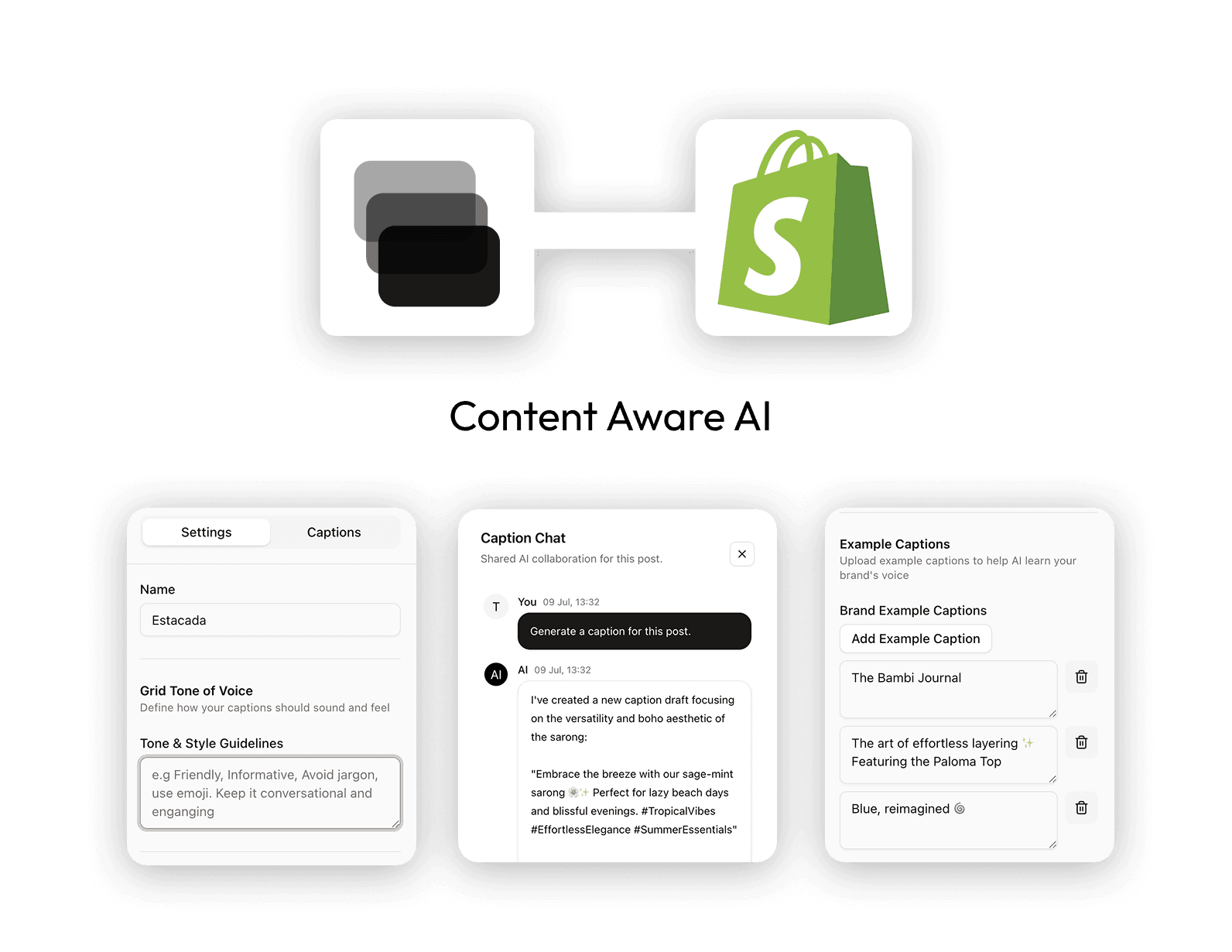 Bejoss integrations and caption workflow with Shopify, caption chat, settings, and example captions